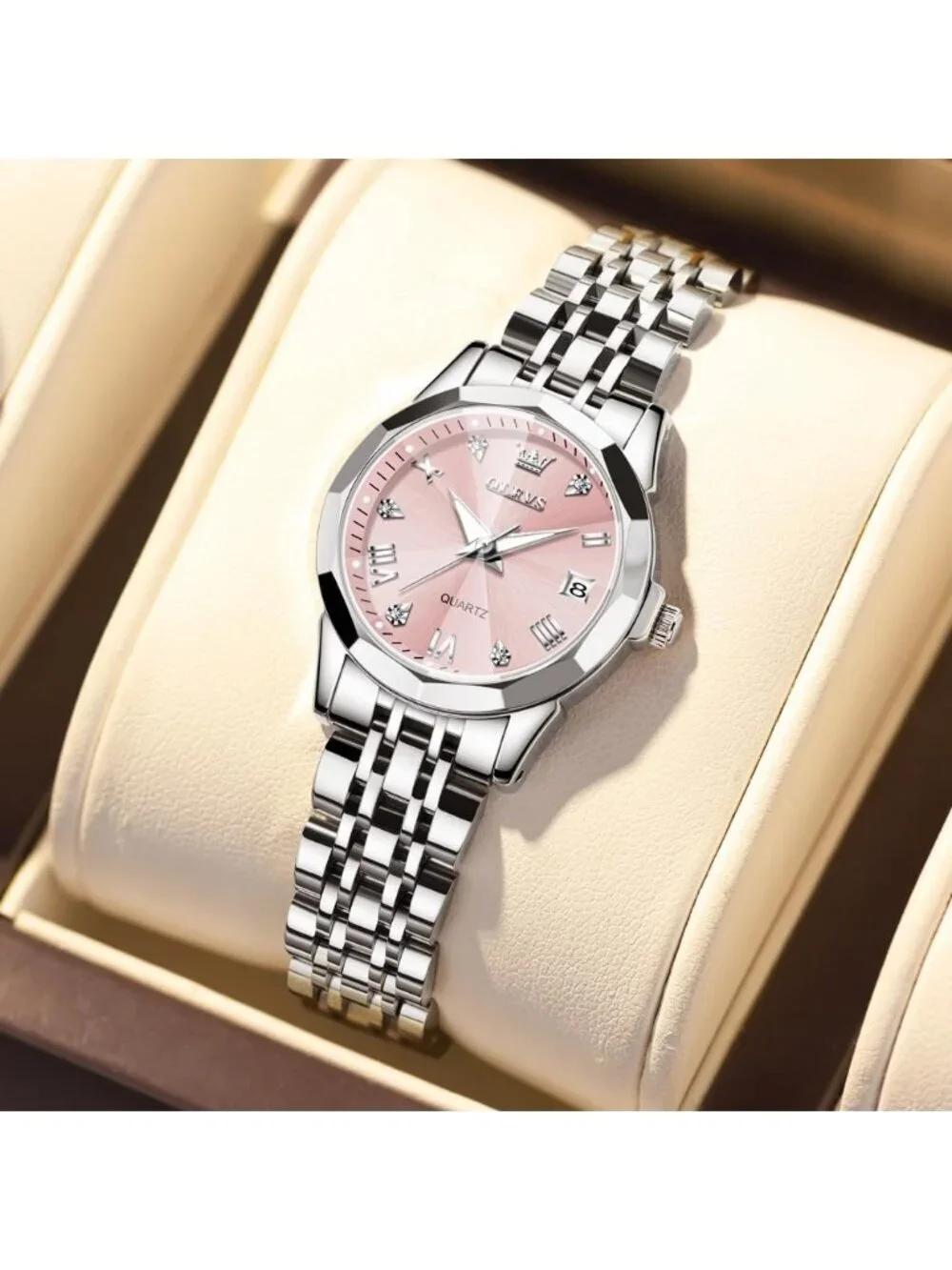 Women's Silver Pink Stainless Steel Luxury Ladies Waterproof Writs Diamond Watch